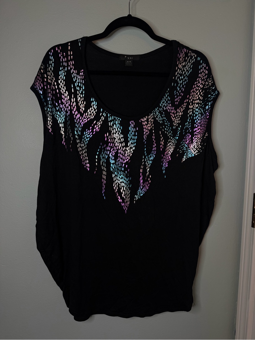 Forever 21 Black Short Sleeve Top with Iridescent Pastel Accents